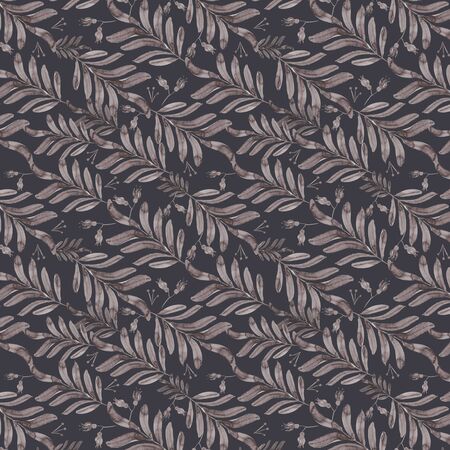seamless watercolor illustration of branches with leaves on a dark backgroundの写真素材
