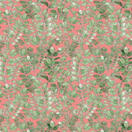 watercolor illustration seamless pattern from green branches with leaves for wallpaper or fabricの写真素材