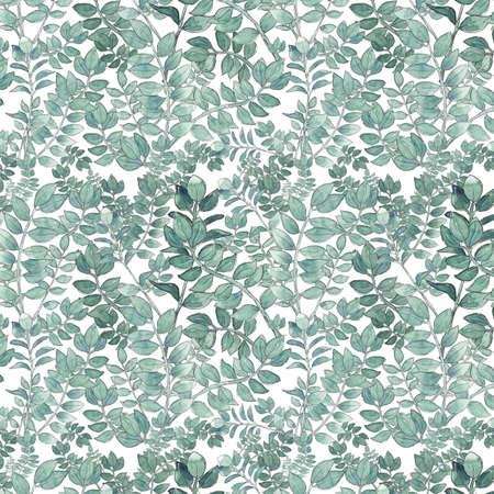 watercolor illustration seamless pattern from green branches with leaves for wallpaper or fabricの写真素材