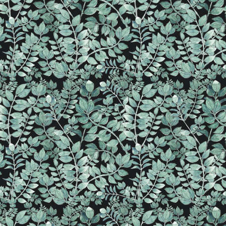 watercolor illustration seamless pattern from green branches with leaves for wallpaper or fabricの写真素材