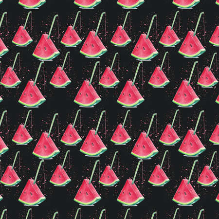 illustration slices of watermelon with a straw for juice and splashes on a colored backgroundの写真素材