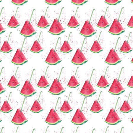illustration slices of watermelon with a straw for juice and splashes on a colored backgroundの写真素材