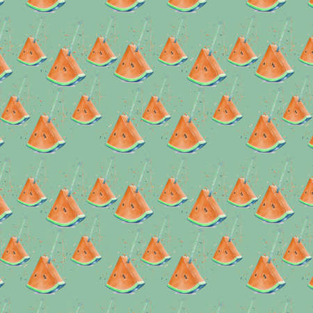 illustration slices of watermelon with a straw for juice and splashes on a colored backgroundの写真素材