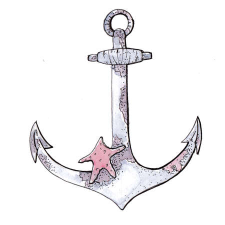 watercolor illustration nautical ahchor with small starfish and with rope, frame for photo or invitationの写真素材
