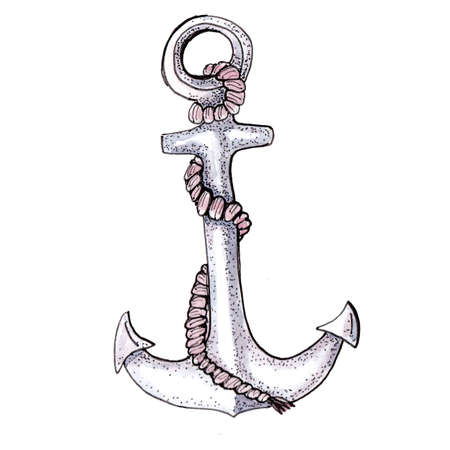 watercolor illustration nautical ahchor with small starfish and with rope, frame for photo or invitationの写真素材