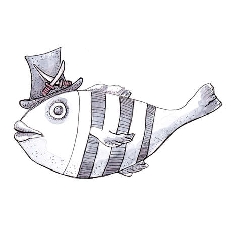 illustration funny cartoon pirate fish with hat, vest seamless borderの写真素材