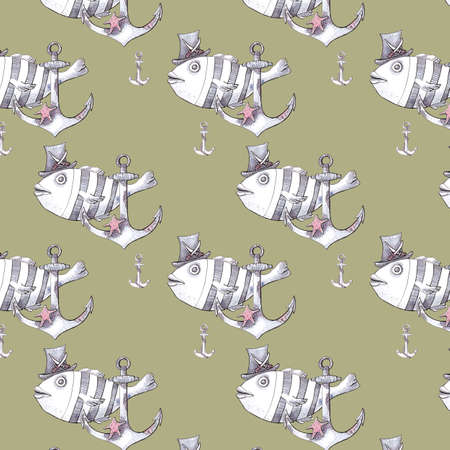 watercolor illustration seamless pattern funny pirate fish with hat and anchor on retro backgroundの写真素材