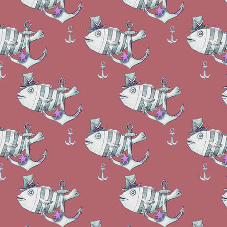 watercolor illustration seamless pattern funny pirate fish with hat and anchor on retro backgroundの写真素材
