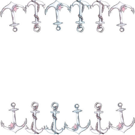 watercolor illustration nautical ahchor with small starfish and with rope, frame for photo or invitationの写真素材