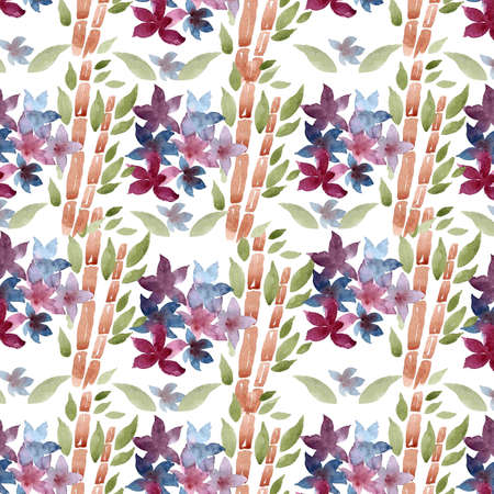 watercolor illustration seamless pattern flowers with bamboo tree elementsの写真素材