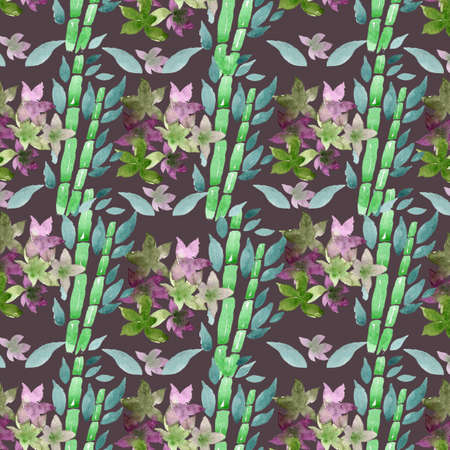 watercolor illustration seamless pattern flowers with bamboo tree elementsの写真素材