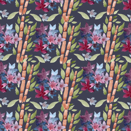 watercolor illustration seamless pattern flowers with bamboo tree elementsの写真素材
