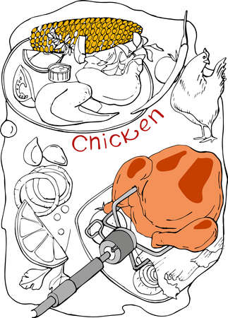 illustration grilled chicken, chicken dish with vegetables, lemon, onion, corn, tomato, poultryの写真素材