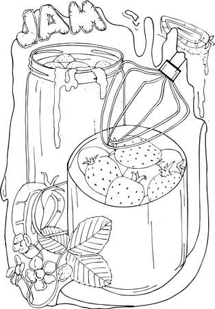 illustration strawberries with a bowl and mixer, glass jar with berry jamの写真素材