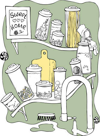 illustration kitchen storage shelves for food jars, plates, pots and kitchen appliancesの写真素材