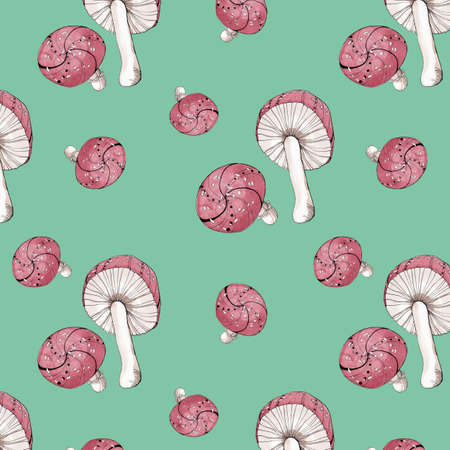 watercolor seamless pattern illustration of some fly mushrooms of background retroの写真素材