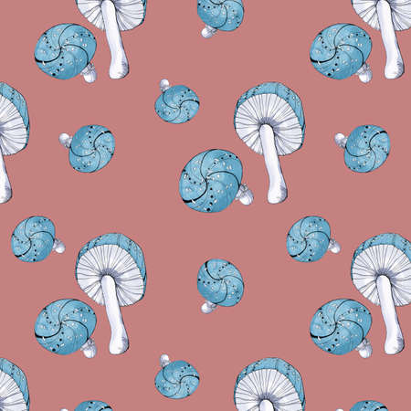 watercolor seamless pattern illustration of some fly mushrooms of background retroの写真素材