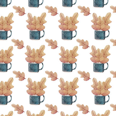 cute autumn watercolor illustration of an old mug and a bouquet of leavesの写真素材