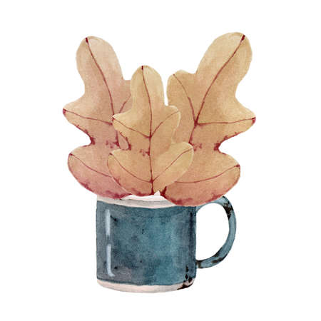 watercolor illustration bunch of autumn leaves in old blue mug on white backgroundの写真素材