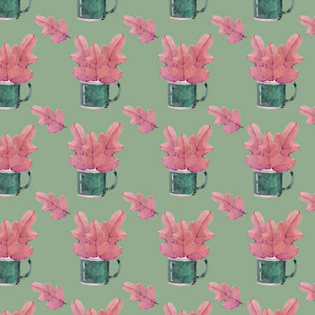 cute autumn watercolor illustration of an old mug and a bouquet of leavesの写真素材