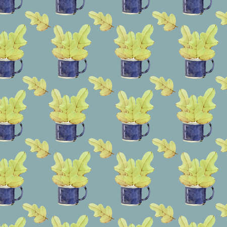 cute autumn watercolor illustration of an old mug and a bouquet of leavesの写真素材