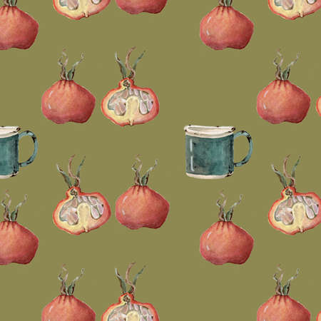watercolor seamless pattern botanical illustration with elements of rose hips and old enamel mug on retro backgroundの写真素材