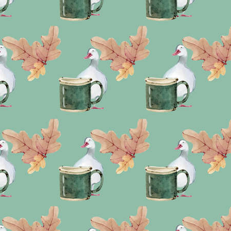Watercolor illustration seamless pattern from autumn oak leaves, ducks and an old enamel mugの写真素材