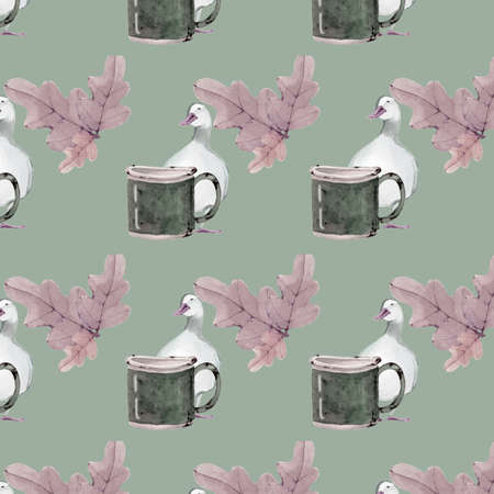 Watercolor illustration seamless pattern from autumn oak leaves, ducks and an old enamel mugの写真素材