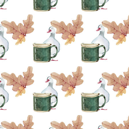 Watercolor illustration seamless pattern from autumn oak leaves, ducks and an old enamel mugの写真素材