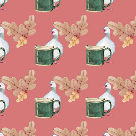 Watercolor illustration seamless pattern from autumn oak leaves, ducks and an old enamel mugの写真素材