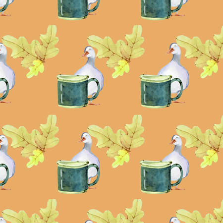 Watercolor illustration seamless pattern from autumn oak leaves, ducks and an old enamel mugの写真素材