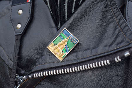 pin from ussr "moscow ukraine" on leather jacket vintageの写真素材