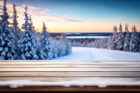 Wooden table against snowy landscape with fir trees in the forest at sunsetの素材