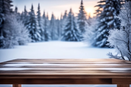 Wooden table against snowy landscape with fir trees in the forest at sunsetの素材