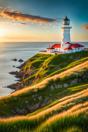 Lighthouse on the hillside at sunset. Beautiful summer landscape.の素材