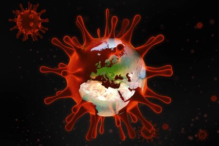 3D illustration of Virus. Epidemic concept. Microscopic view of world infected. Europe.の写真素材