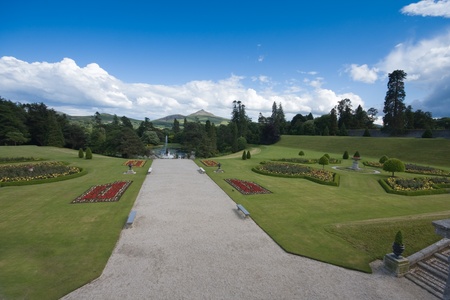 Powerscourt gardens showing beautiful Irish country estate with Wicklow mountains visible in the distanceの写真素材