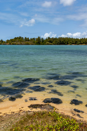 Rocky beach near coral reef  on sunny day with blue skies and light clouds Cap maheureux Mauritiusの写真素材