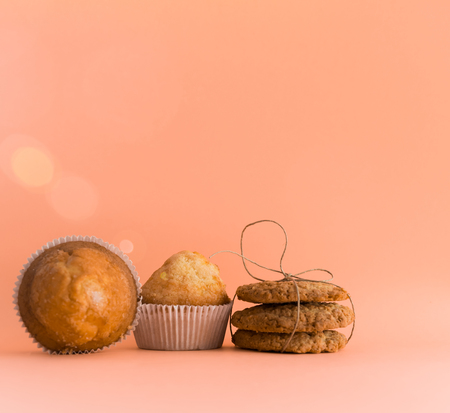 Muffins and cookies . Homemade pastries for breakfastの写真素材