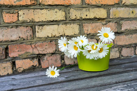 Bouquet of chamomile flowers on a wooden surface against a brick wallの写真素材