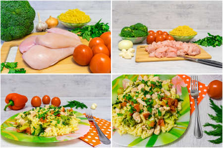 Cooking pasta with chicken and broccoli. Collageの写真素材