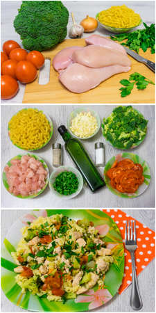 Cooking pasta with chicken and broccoli. Collageの写真素材