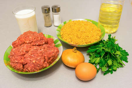 Ingredients for cooking meatballs: minced meat, breadcrumbs, milk, egg, onion, oil, fresh herbs, salt, ground pepperの写真素材