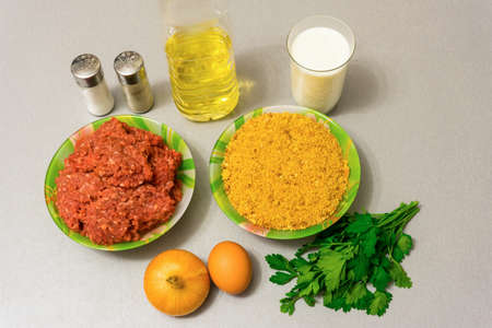 Ingredients for cooking meatballs: minced meat, breadcrumbs, milk, egg, onion, oil, fresh herbs, salt, ground pepperの写真素材