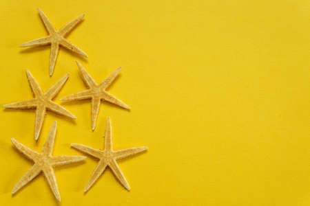 Summer background of yellow paper with starfish, symbolizing the sand on the sea coastの写真素材