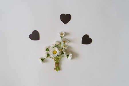 Summer creative composition in minimal style. White Marguerite daisy flowers bouquet lying on white...