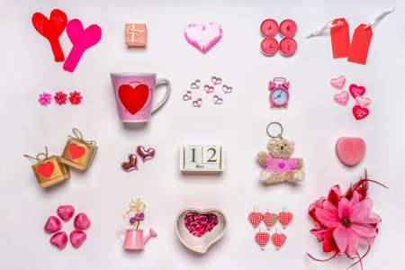 Set of feminine accessories in red and pink colors on white background. Love collection, decorative...
