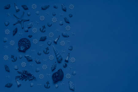 Color of the year 2020 classic blue. Decorative nautical items on classic blue background. Sea...