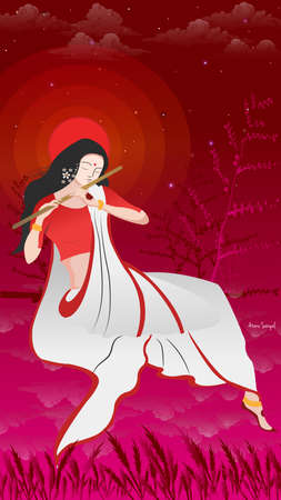devi red moon girl with saree fluteの写真素材