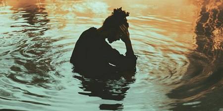 Silhouette of person sitting in water, feeling sadness and despair.の素材